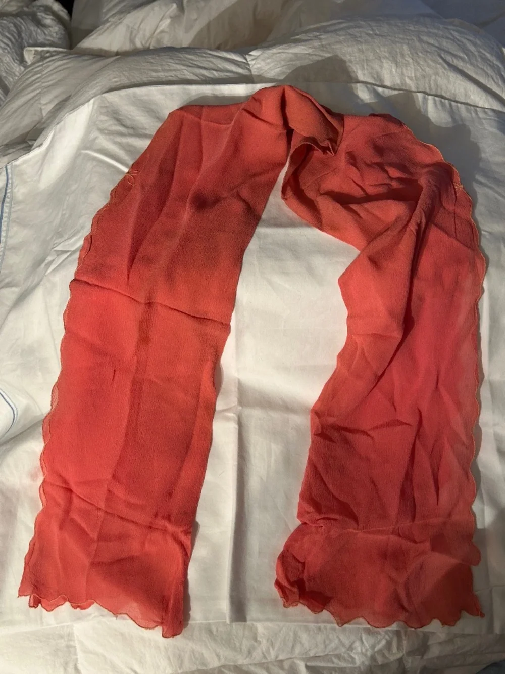 Vintage antique-coral scalloped edge oblong semi sheer scarf 13x42